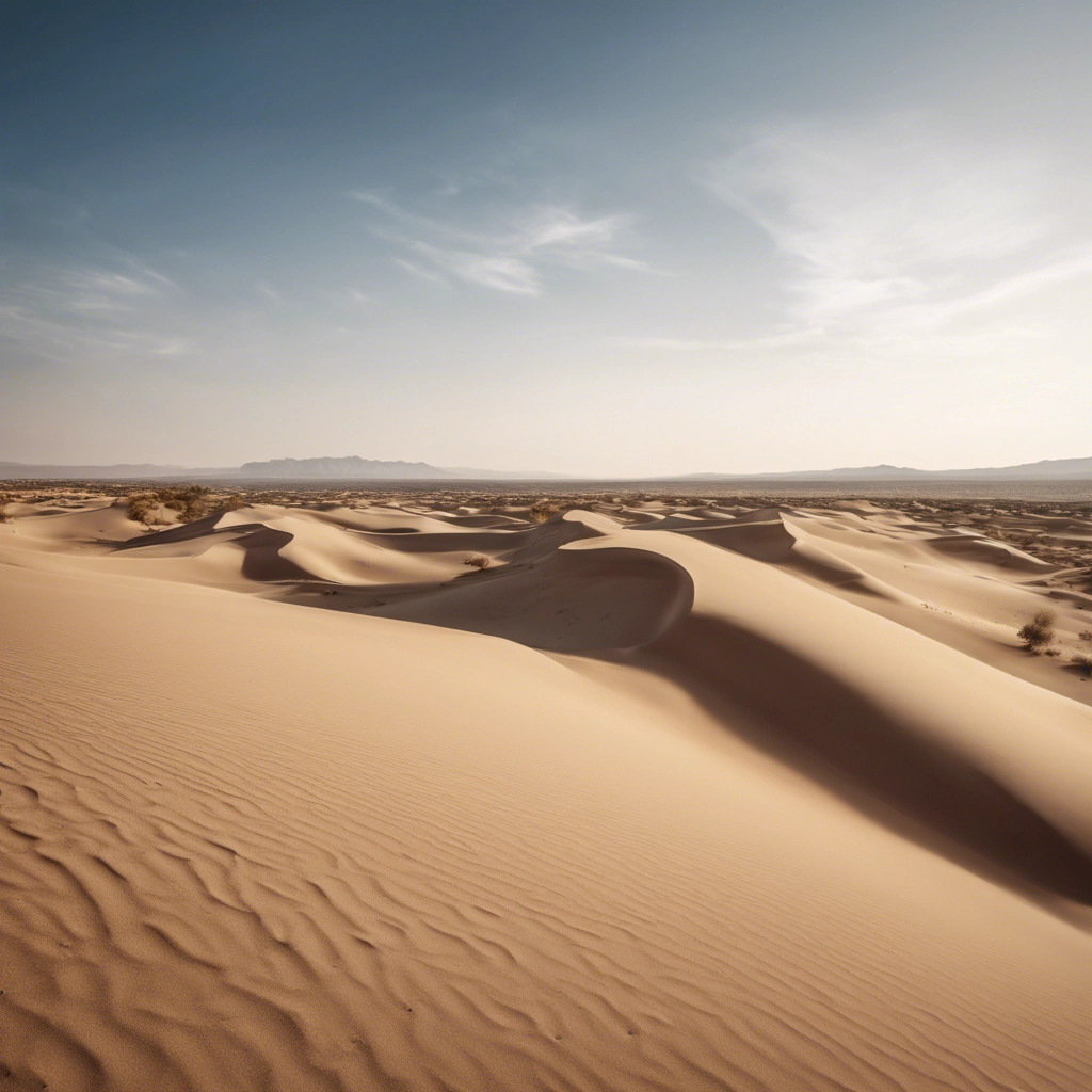 A landscape shot of a beautiful desert featuring rolling sand dunes and a clear blue sky.